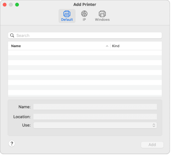 The Add Printer dialog showing the default options for selecting a printer and adding a name, location, and the User pop-up menu for choosing the printer type.